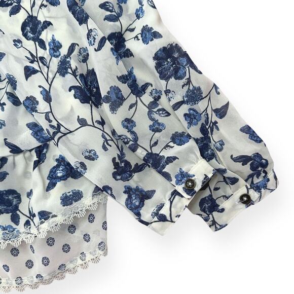 XHILIRATION Tiered Ruffle Floral Peplum Blouse Chiffon Long Sleeve Blue Small - Picture 6 of 10